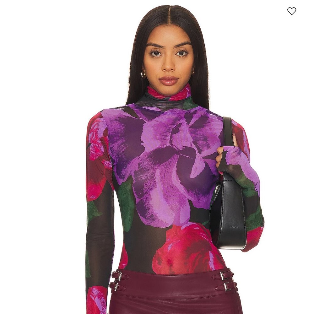 AFRM Floral Sheer Mock Neck Top in Purple, Pink, Green